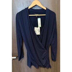 41 Hawthorn Wrap Top Women's XL Navy Rayon Stretch Ruched Front Long Sleeve